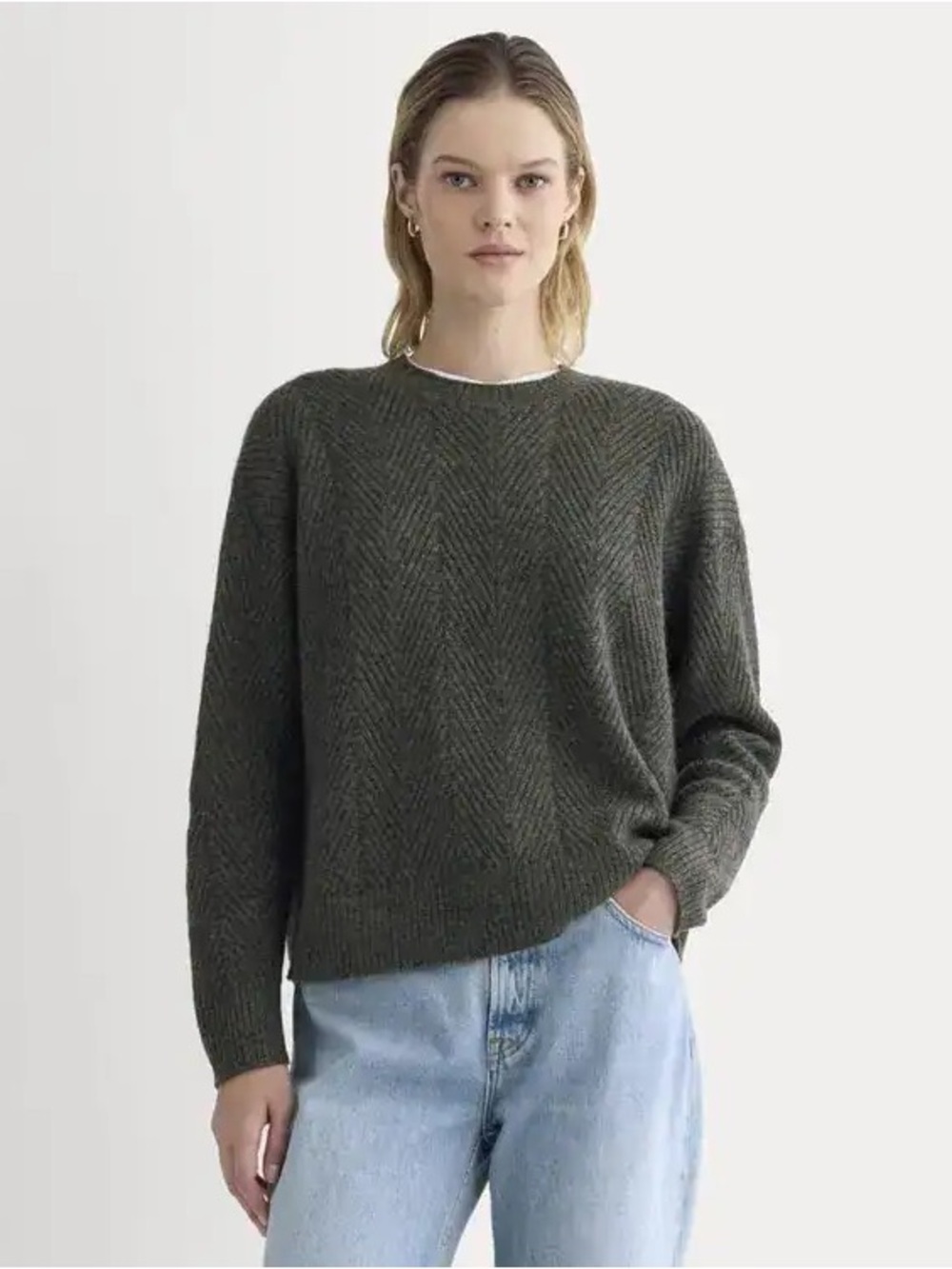New Everlane CASHMERE HERRINGBONE SWEATER Heather Charcoal Size XL